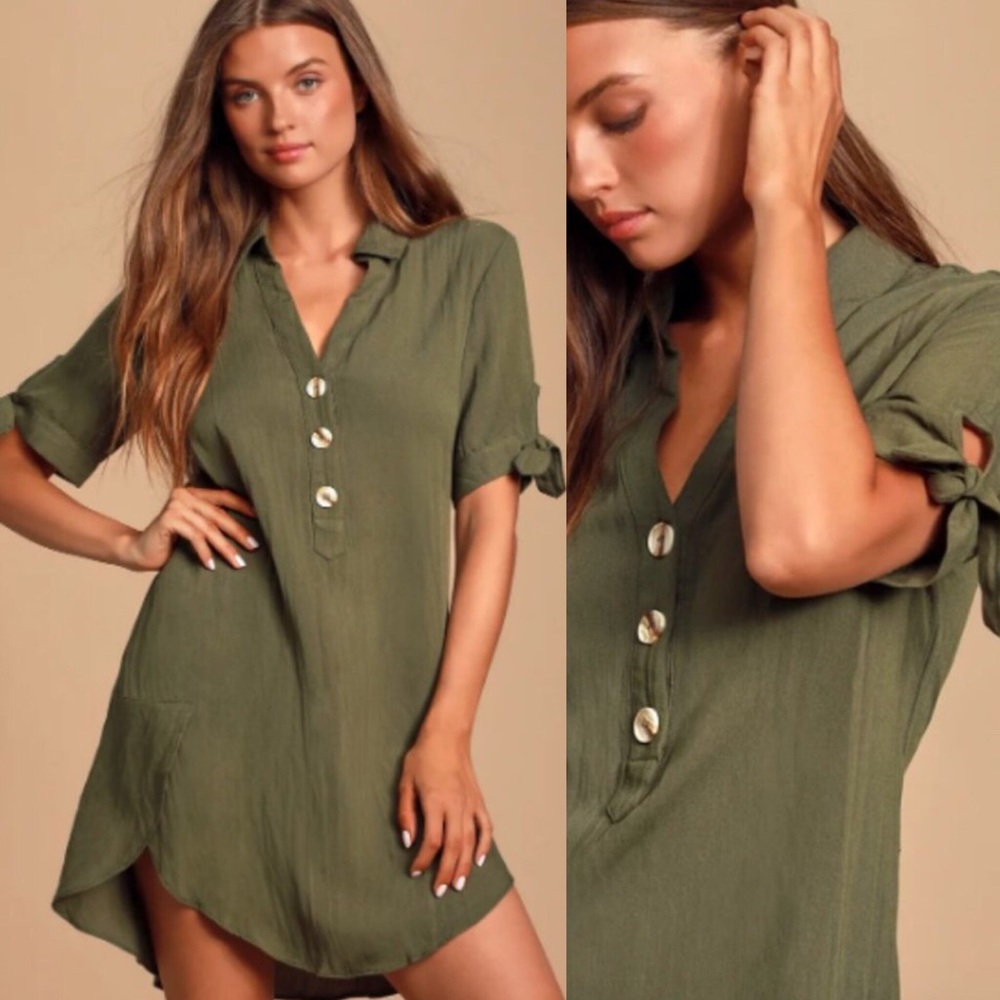 Lulus Countryside Olive Tie Sleeve Shirt Dress M